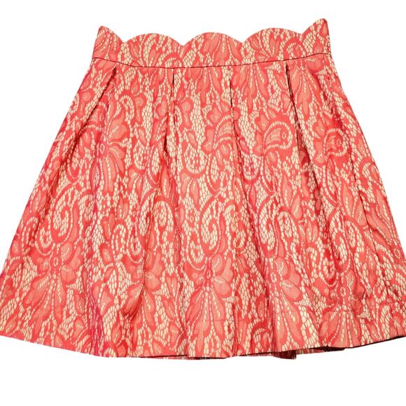 Blue Rain Pink Coral Mini Skirt Women's Size L Pleated Aline Paisley Lace Lined - Picture 1 of 9